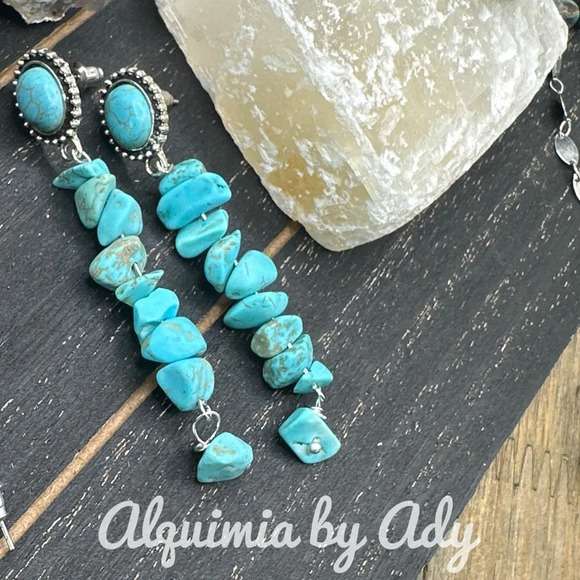 Turquoise silver colorful drops silver western style dangle long earrings - Picture 1 of 5